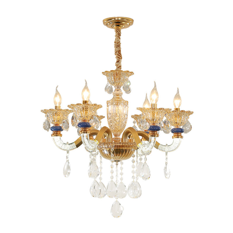 Traditional Metal Candelabra Chandelier - 6 Heads Brass Suspension Pendant With Amber Crystal Accent