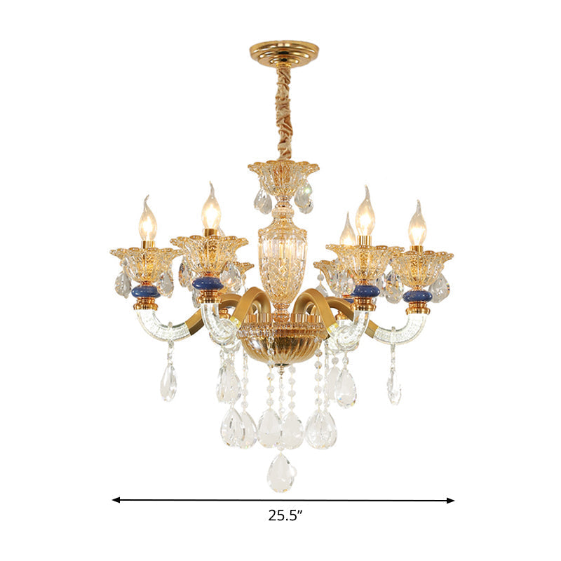 Traditional Metal Candelabra Chandelier - 6 Heads Brass Suspension Pendant With Amber Crystal Accent