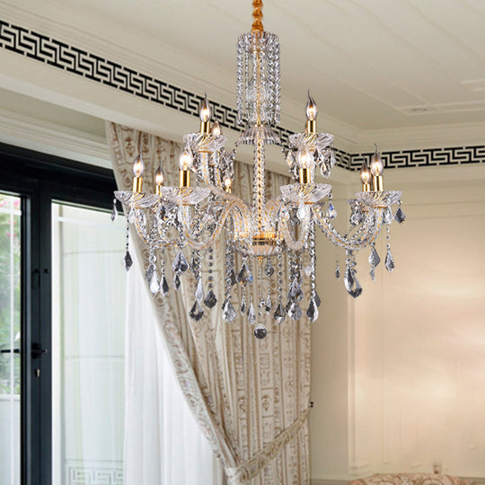 Modern Brass Chandelier Lamp With Curved Arm Beveled Crystal And 10 Bulbs For Living Room Pendant