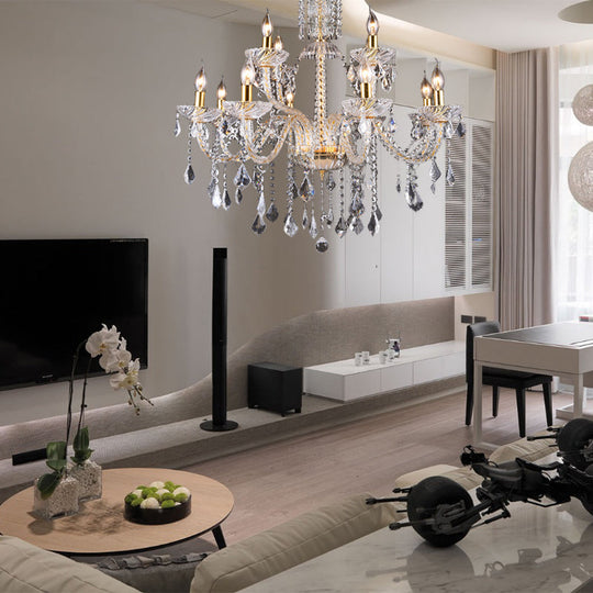 Modern Brass Chandelier Lamp With Curved Arm Beveled Crystal And 10 Bulbs For Living Room Pendant