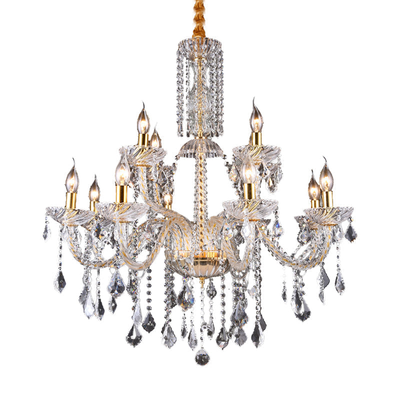 Modern Brass Chandelier Lamp With Curved Arm Beveled Crystal And 10 Bulbs For Living Room Pendant