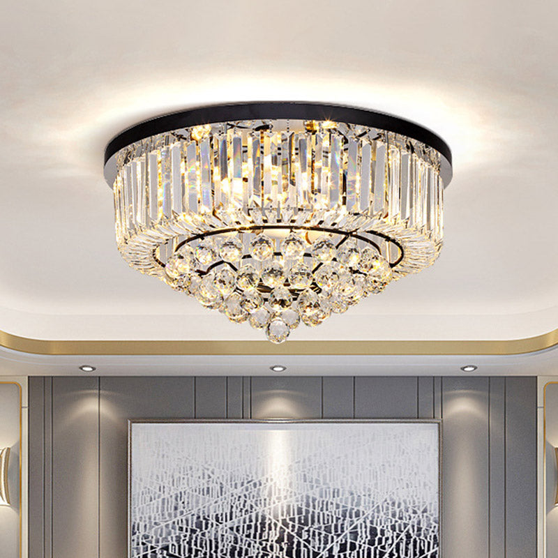 Contemporary Crystal Rod Drum Flush Mount Ceiling Light - 4/6/9 Heads Black Multiple Sizes / 14