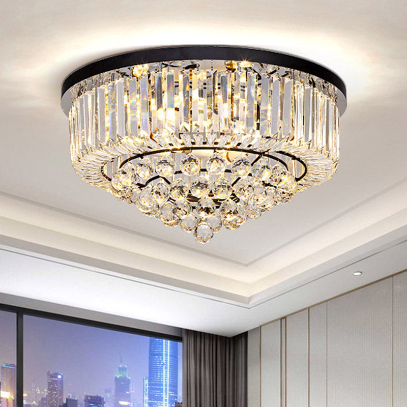 Contemporary Crystal Rod Drum Flush Mount Ceiling Light - 4/6/9 Heads - Black - Multiple Sizes