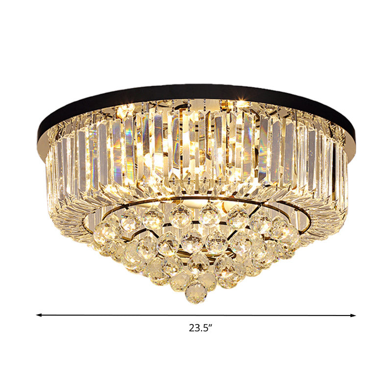 Contemporary Crystal Rod Drum Flush Mount Ceiling Light - 4/6/9 Heads - Black - Multiple Sizes