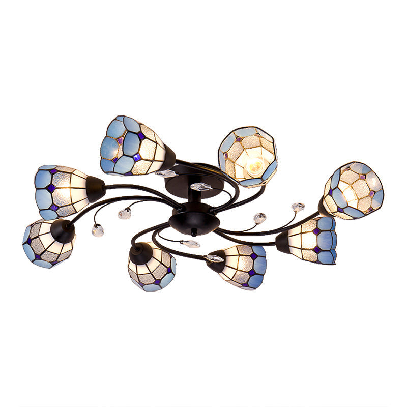 Stained Glass Bell Semi Flushmount with Crystal Decoration and Leaf/Blue Square/Sky Blue Square/Yellow Square Pattern Rustic Light in Black - 4/6/8 Lights