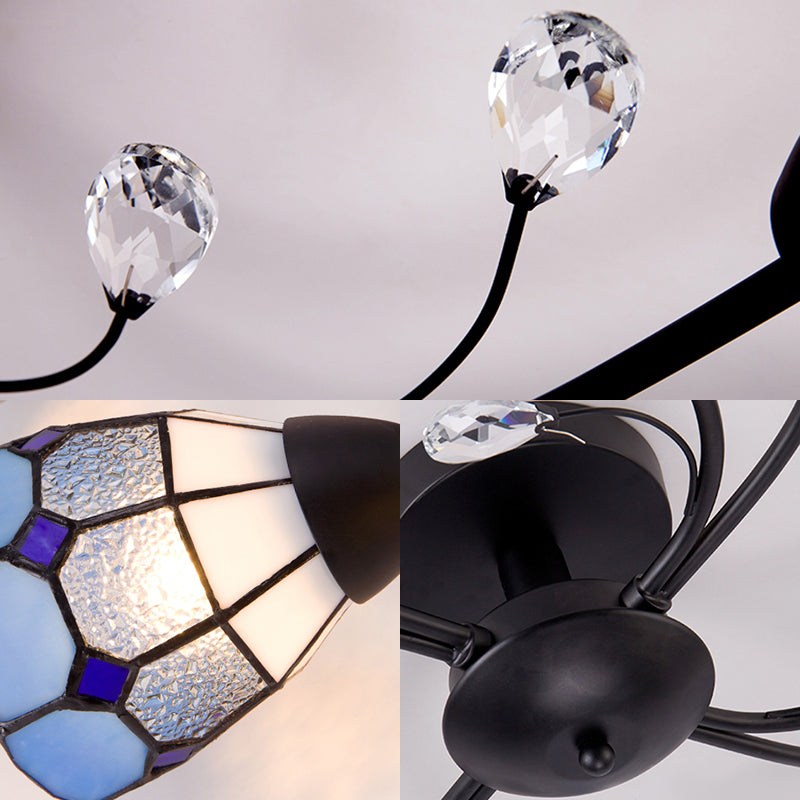 Stained Glass Bell Semi Flushmount with Crystal Decoration and Leaf/Blue Square/Sky Blue Square/Yellow Square Pattern Rustic Light in Black - 4/6/8 Lights