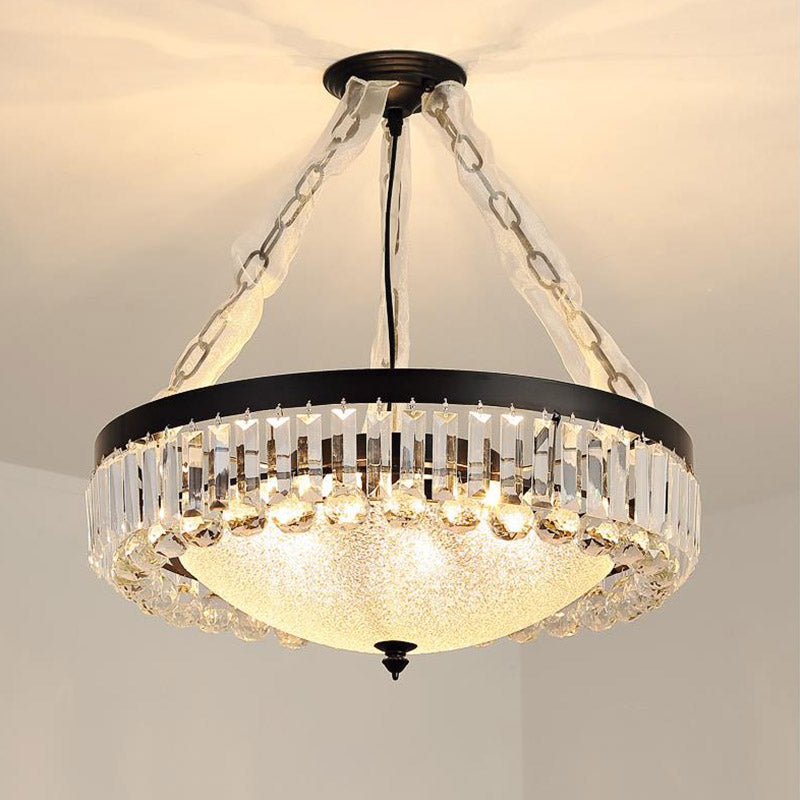 Simple Tri-Sided Crystal Rod Pendant Chandelier - 18/23.5 Wide Dome 6/9 Lights Black Ceiling Mount