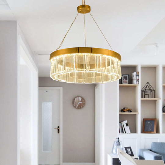 Postmodern Brass Led Crystal Panel Chandelier: Stylish Round Suspension Light Fixture