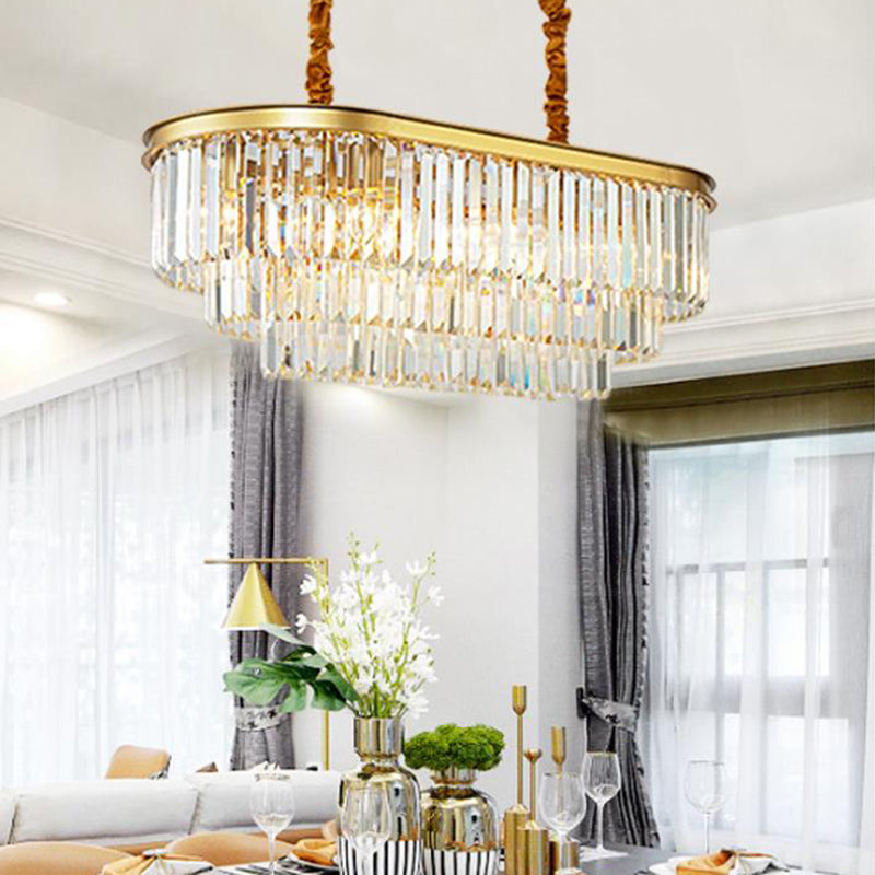 Modern Brass Island Pendant Light With Oval Crystal Shade - 8-Light Dining Room Hanging Lamp Kit