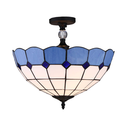 Blue Stained Glass Ceiling Light - 12"/16" Wide Bowl Semi Flush Mount - Mediterranean Style