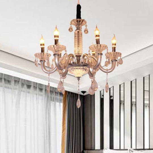 Contemporary Crystal Drop Candelabra Hanging Lamp - 6/8 Heads, 23.5"/31.5" Wide, Silver Pendant Chandelier