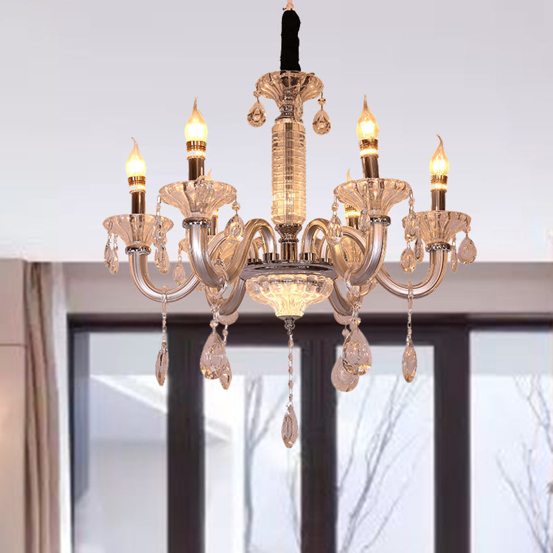 Contemporary Crystal Drop Candelabra Hanging Lamp - 6/8 Heads, 23.5"/31.5" Wide, Silver Pendant Chandelier