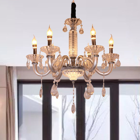 Contemporary Crystal Drop Candelabra Hanging Lamp - 6/8 Heads, 23.5"/31.5" Wide, Silver Pendant Chandelier