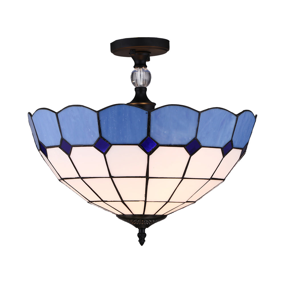 Blue Stained Glass Ceiling Light - 12/16 Wide Bowl Semi Flush Mount Mediterranean Style