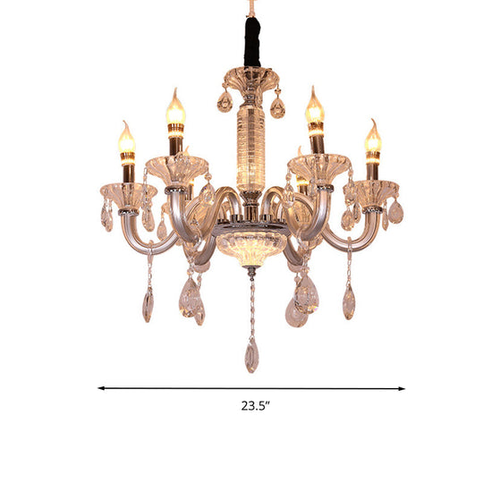 Contemporary Crystal Drop Candelabra Hanging Lamp - 6/8 Heads, 23.5"/31.5" Wide, Silver Pendant Chandelier