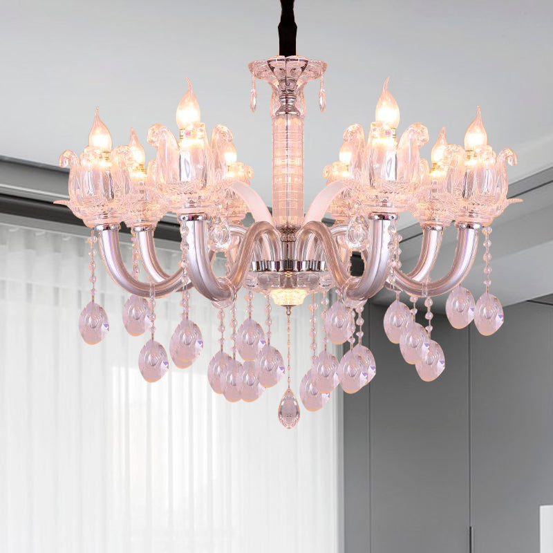 Contemporary Crystal Drop Candelabra Pendant Chandelier - Silver 6/8 Heads 23.5/31.5 Wide / 31.5