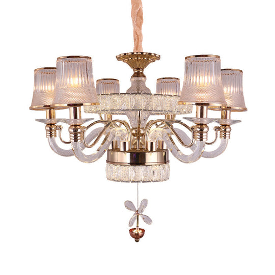 Minimalist Gold Chandelier With 6 Glass Heads And Ridge Shape Design