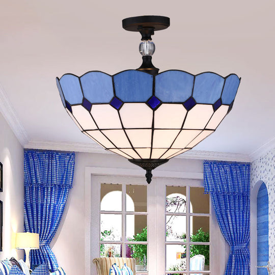 Blue Stained Glass Ceiling Light - 12"/16" Wide Bowl Semi Flush Mount - Mediterranean Style