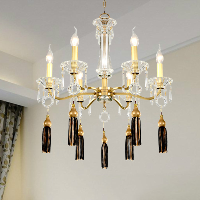 Lustre vintage doré avec suspension en cristal transparent, 6 têtes et décoration à pampilles