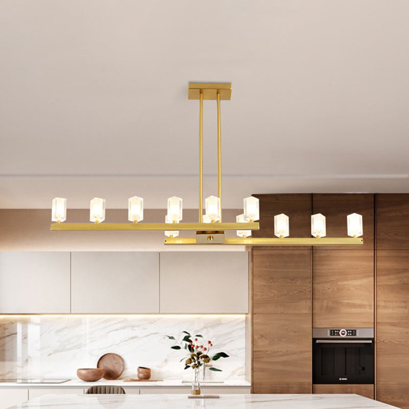 Postmodern Brass Linear Pendant Light With Crystal Accents - 12 Heads Rectangle Design