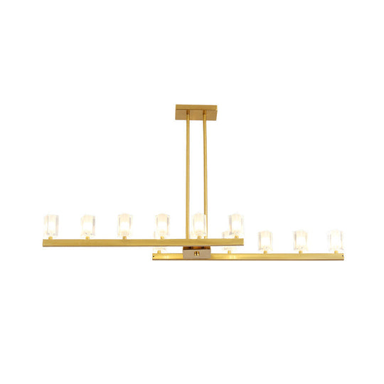 Postmodern Brass Linear Pendant Light With Crystal Accents - 12 Heads Rectangle Design