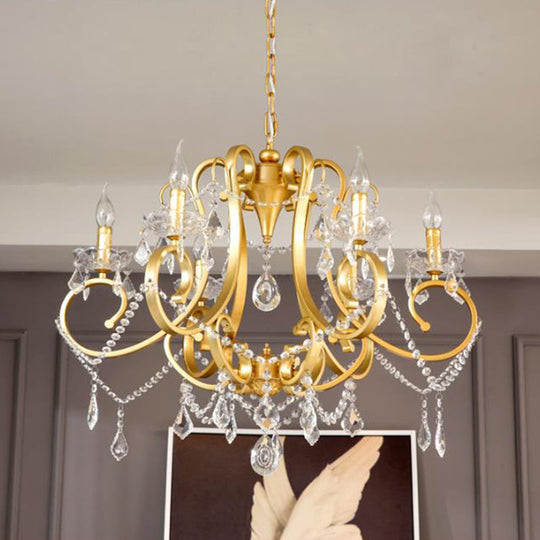 Brass Crystal Drop Chandelier Lamp - Postmodern Pendant Light For Candle Dining Room 6 Heads