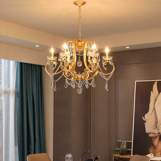 Brass Crystal Drop Chandelier Lamp - Postmodern Pendant Light For Candle Dining Room 6 Heads