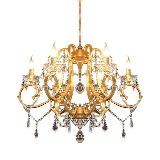 Brass Crystal Drop Chandelier Lamp - Postmodern Pendant Light For Candle Dining Room 6 Heads