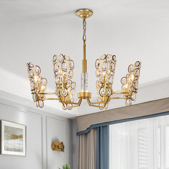 Crystal-Encrusted Postmodern Brass Candelabra Chandelier With 6 Suspended Pendant Heads