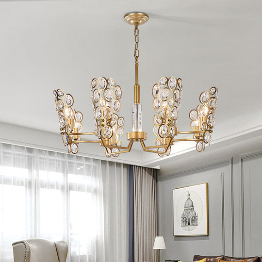 Crystal-Encrusted Postmodern Brass Candelabra Chandelier With 6 Suspended Pendant Heads