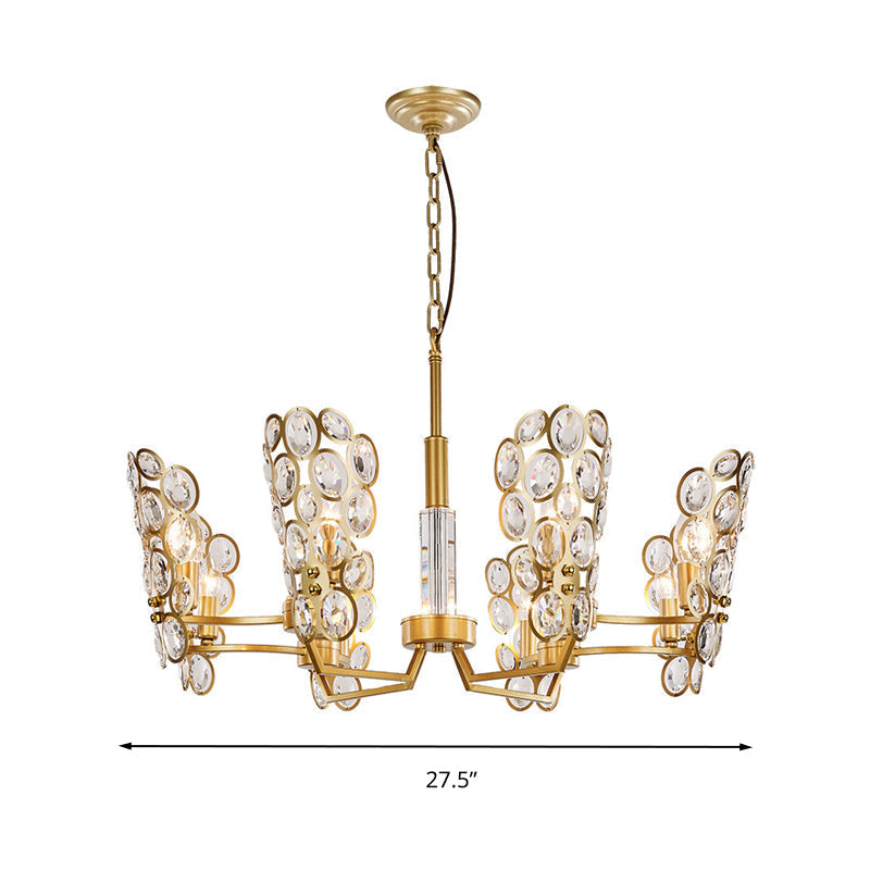 Crystal-Encrusted Postmodern Brass Candelabra Chandelier With 6 Suspended Pendant Heads