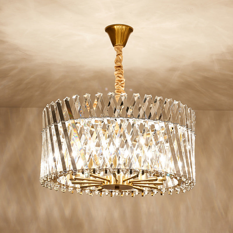 Lustre contemporain à trois côtés avec tige en cristal et tambour - Lustre à 10 têtes