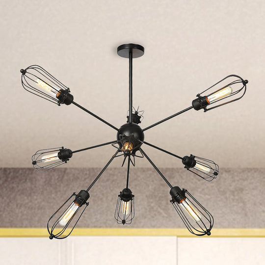 Warehouse Style Metal Bulb Cage Chandelier - Black Hanging Lamp with 9/12/15 Heads for Living Room Lighting