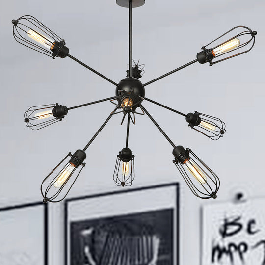 Industrial Metal Bulb Cage Chandelier - Warehouse Style 9/12/15 Heads Black Hanging Lamp For Living