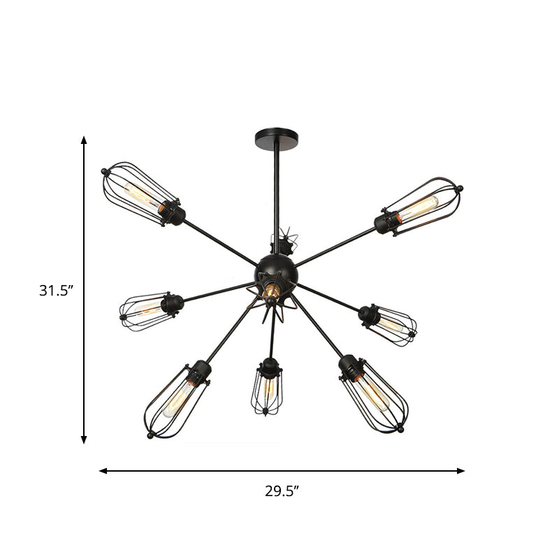 Warehouse Style Metal Bulb Cage Chandelier - Black Hanging Lamp with 9/12/15 Heads for Living Room Lighting