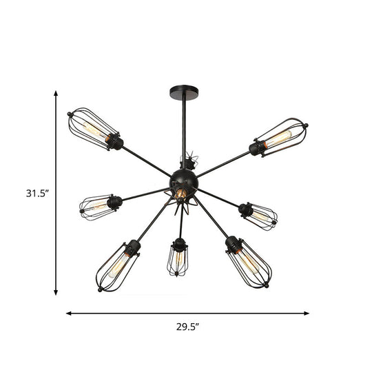 Warehouse Style Metal Bulb Cage Chandelier - Black Hanging Lamp with 9/12/15 Heads for Living Room Lighting