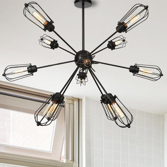 Warehouse Style Metal Bulb Cage Chandelier - Black Hanging Lamp with 9/12/15 Heads for Living Room Lighting