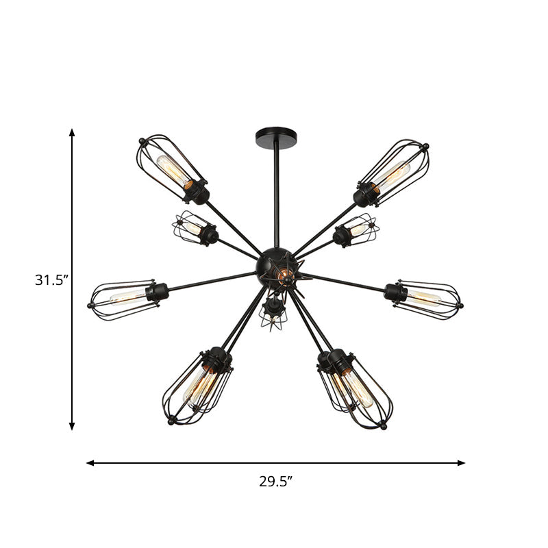 Warehouse Style Metal Bulb Cage Chandelier - Black Hanging Lamp with 9/12/15 Heads for Living Room Lighting