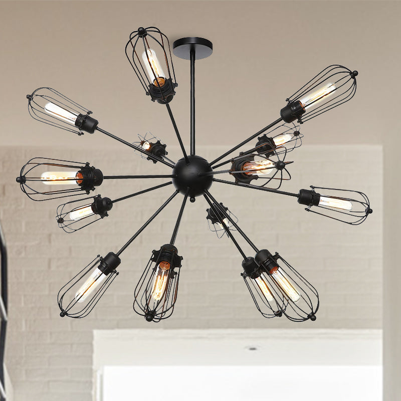 Warehouse Style Metal Bulb Cage Chandelier - Black Hanging Lamp with 9/12/15 Heads for Living Room Lighting