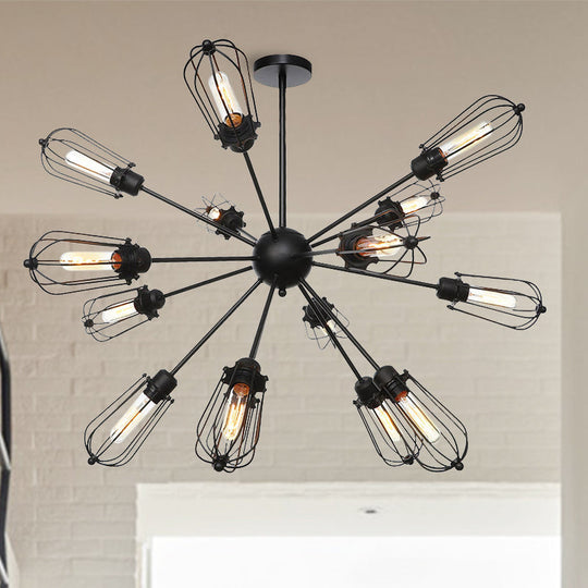 Industrial Metal Bulb Cage Chandelier - Warehouse Style 9/12/15 Heads Black Hanging Lamp For Living