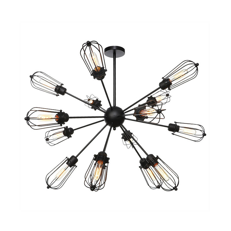 Warehouse Style Metal Bulb Cage Chandelier - Black Hanging Lamp with 9/12/15 Heads for Living Room Lighting