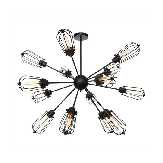 Warehouse Style Metal Bulb Cage Chandelier - Black Hanging Lamp with 9/12/15 Heads for Living Room Lighting