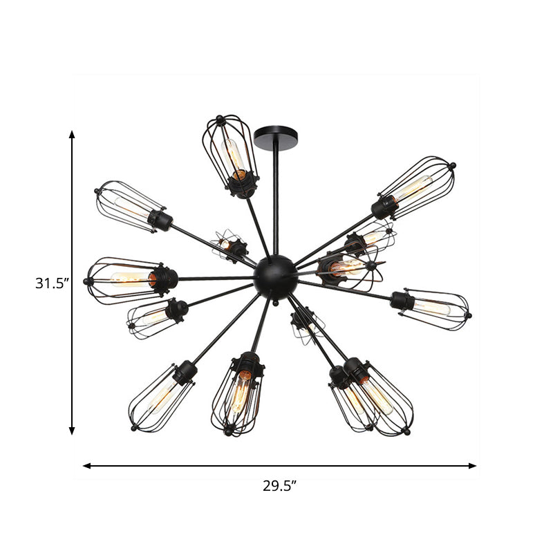 Warehouse Style Metal Bulb Cage Chandelier - Black Hanging Lamp with 9/12/15 Heads for Living Room Lighting