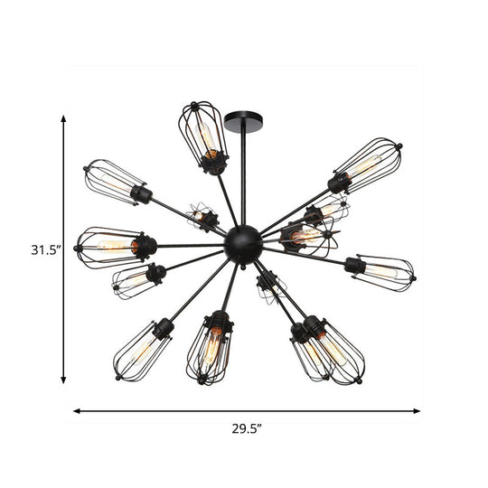 Warehouse Style Metal Bulb Cage Chandelier - Black Hanging Lamp with 9/12/15 Heads for Living Room Lighting