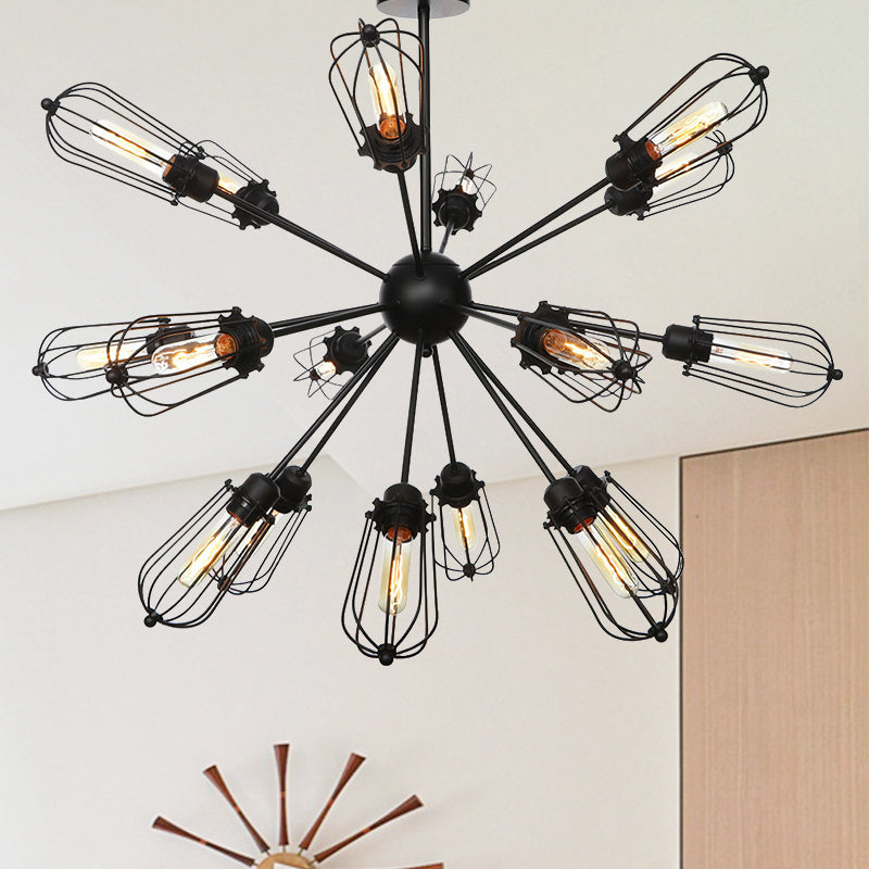 Warehouse Style Metal Bulb Cage Chandelier - Black Hanging Lamp with 9/12/15 Heads for Living Room Lighting