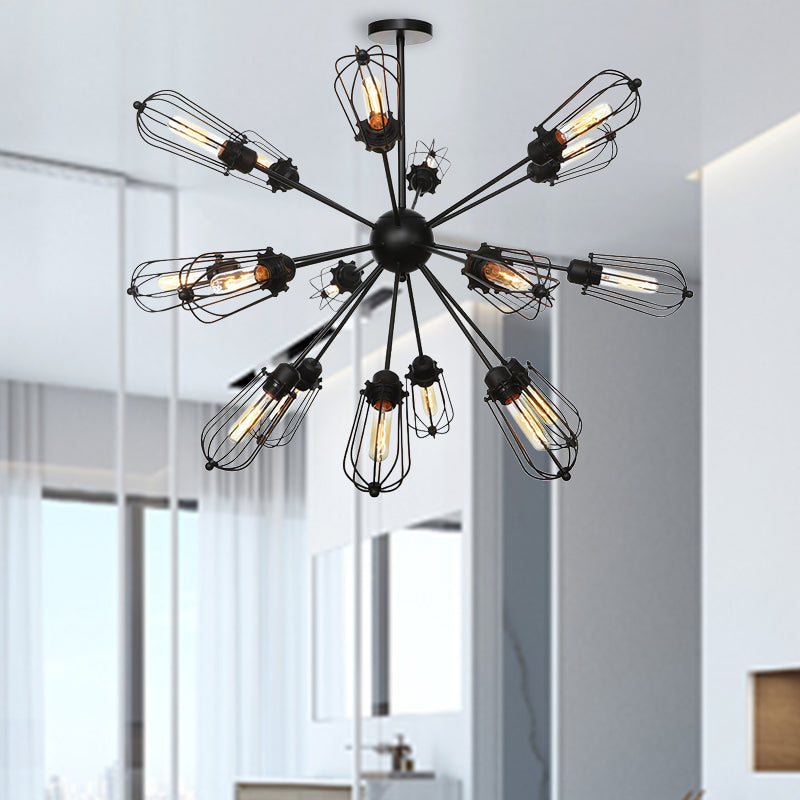 Warehouse Style Metal Bulb Cage Chandelier - Black Hanging Lamp with 9/12/15 Heads for Living Room Lighting