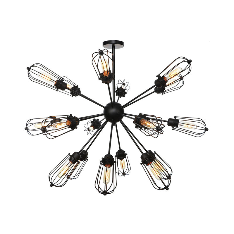 Warehouse Style Metal Bulb Cage Chandelier - Black Hanging Lamp with 9/12/15 Heads for Living Room Lighting