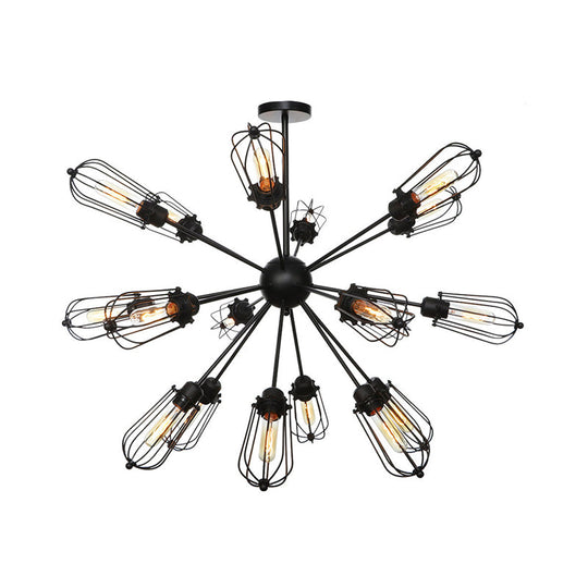 Warehouse Style Metal Bulb Cage Chandelier - Black Hanging Lamp with 9/12/15 Heads for Living Room Lighting