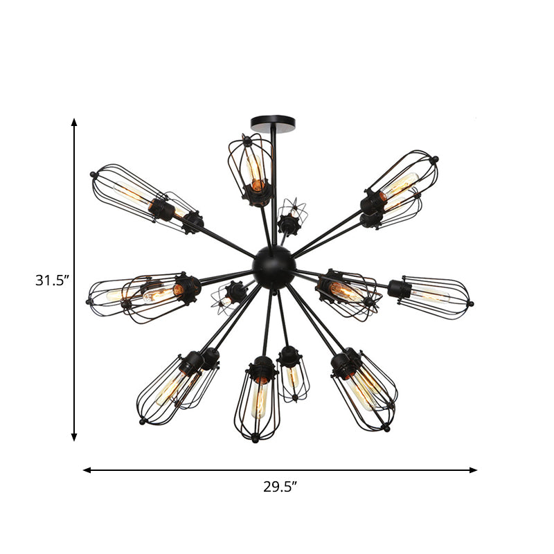 Warehouse Style Metal Bulb Cage Chandelier - Black Hanging Lamp with 9/12/15 Heads for Living Room Lighting