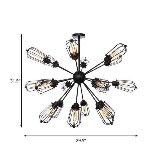 Warehouse Style Metal Bulb Cage Chandelier - Black Hanging Lamp with 9/12/15 Heads for Living Room Lighting